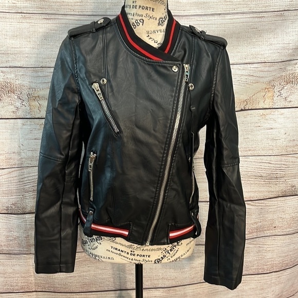 Blank NYC “Frisky Business” Faux Leather Vegan Moto Jacket Bally Stripe XS - Picture 2 of 15